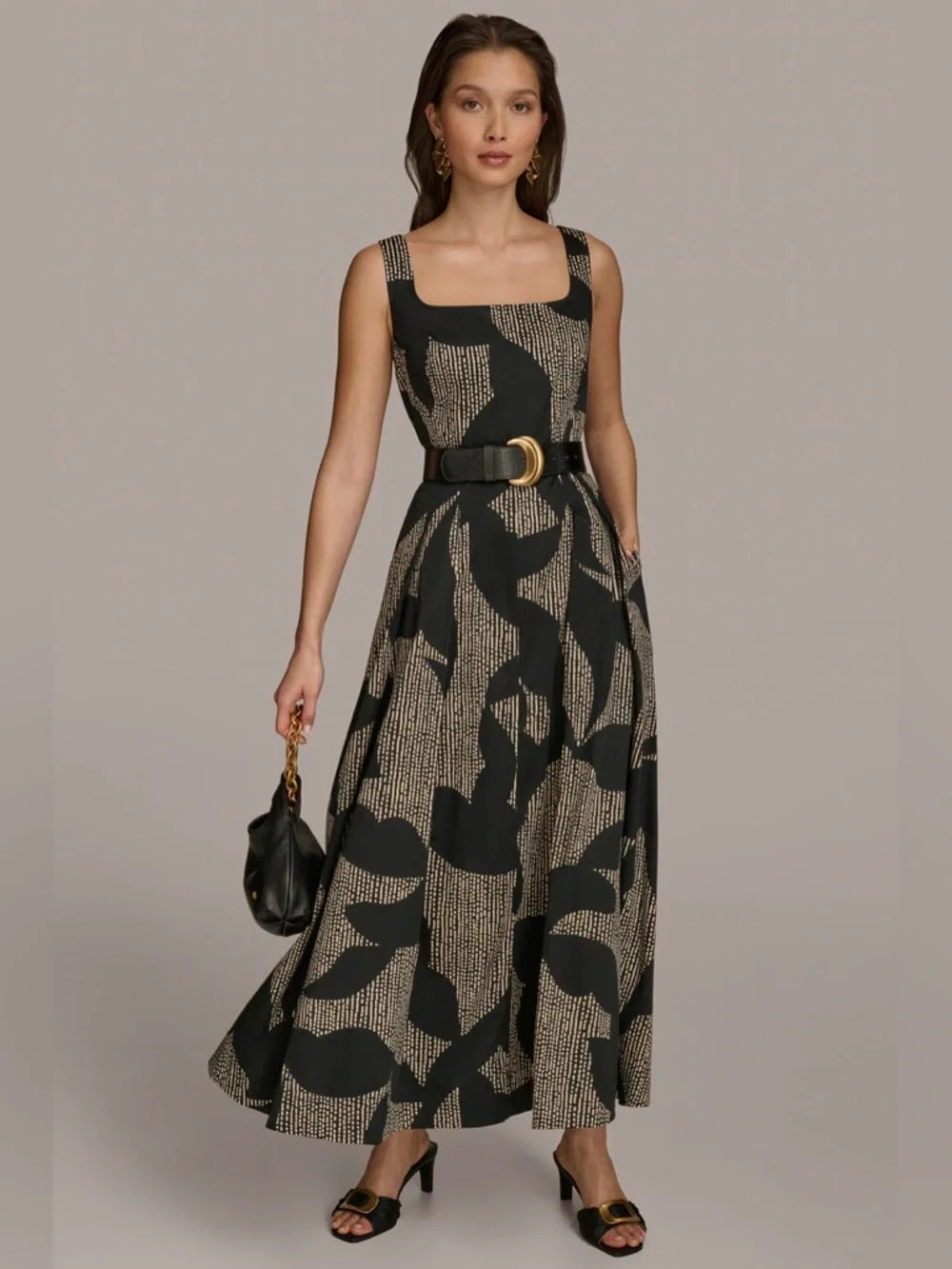 Donna Karan New York Cotton Sleeveless Belted Midi Dress Size 8 Black Tan - Picture 16 of 16